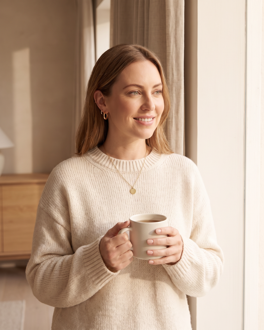 Woman in a cream jumper wearing gold tone hoop earrings and a thin chain necklace, holding a mug of tea
