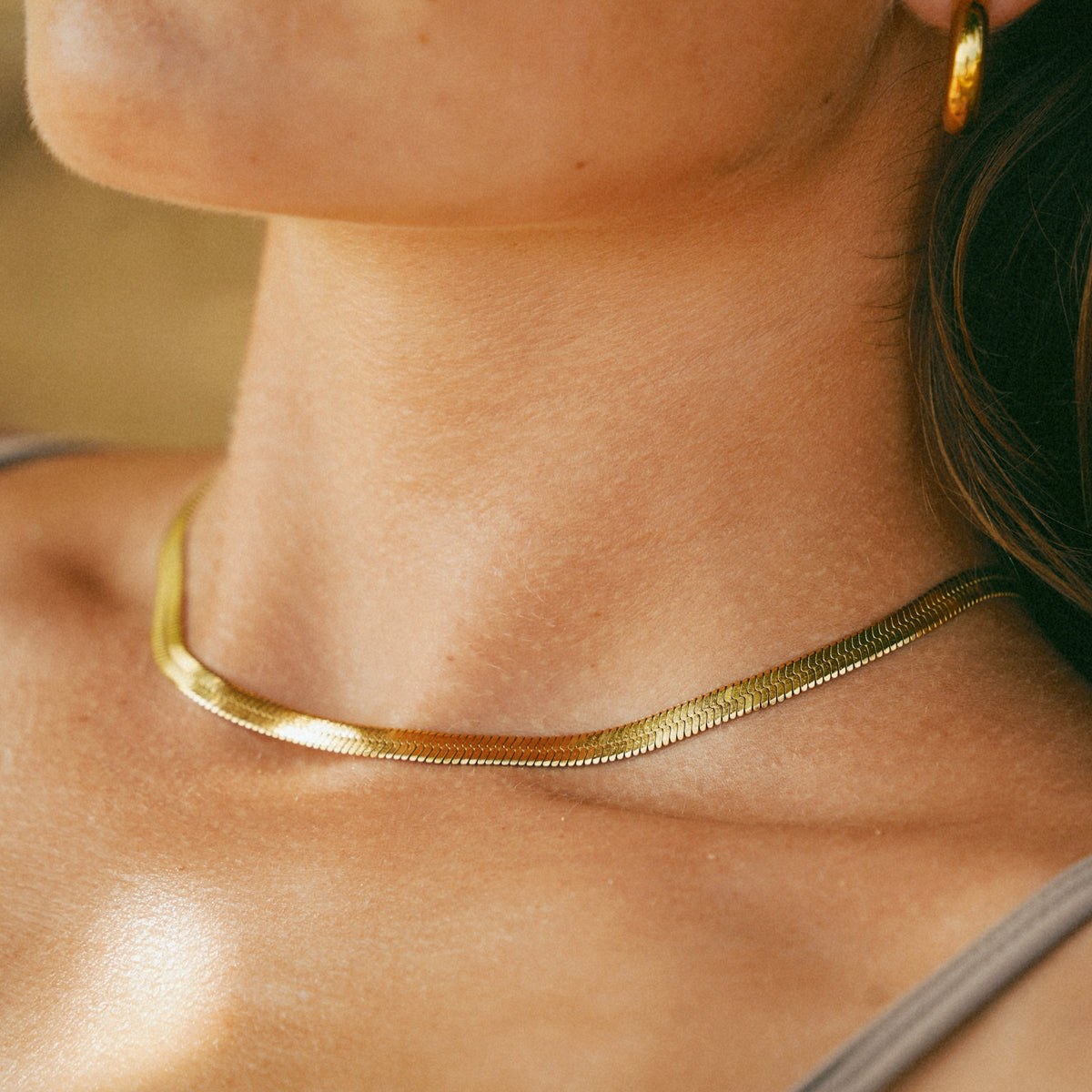 Herringbone Chain Necklace Flat Gold Tone