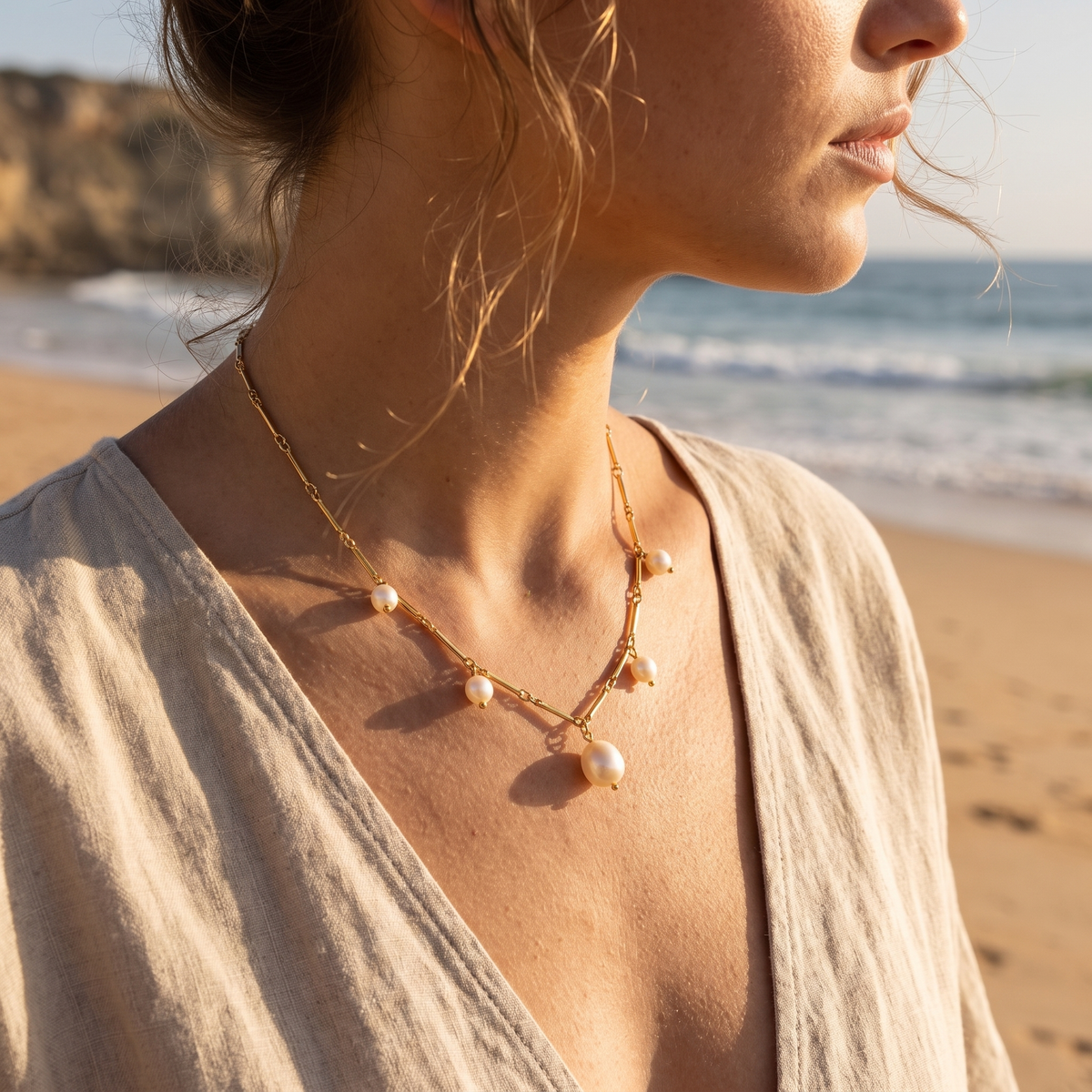 Santorini Pearl Necklace Gold lifestyle