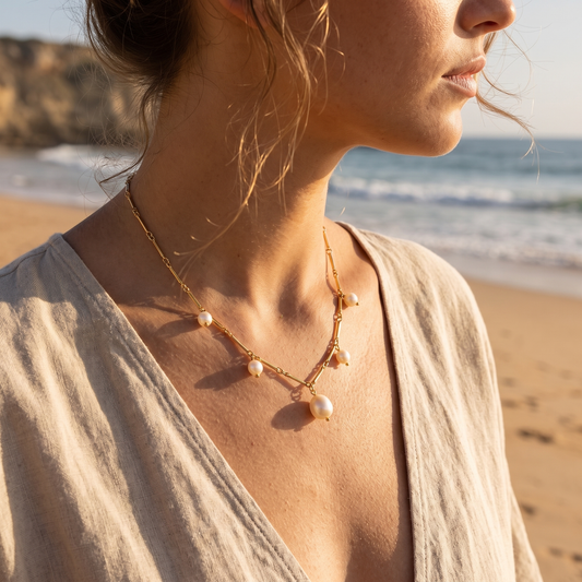 Santorini Pearl Necklace Gold lifestyle