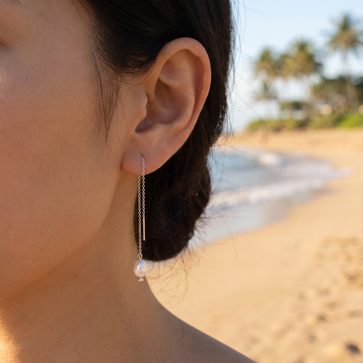Silk Pearl Threader Earrings Silver lifestyle