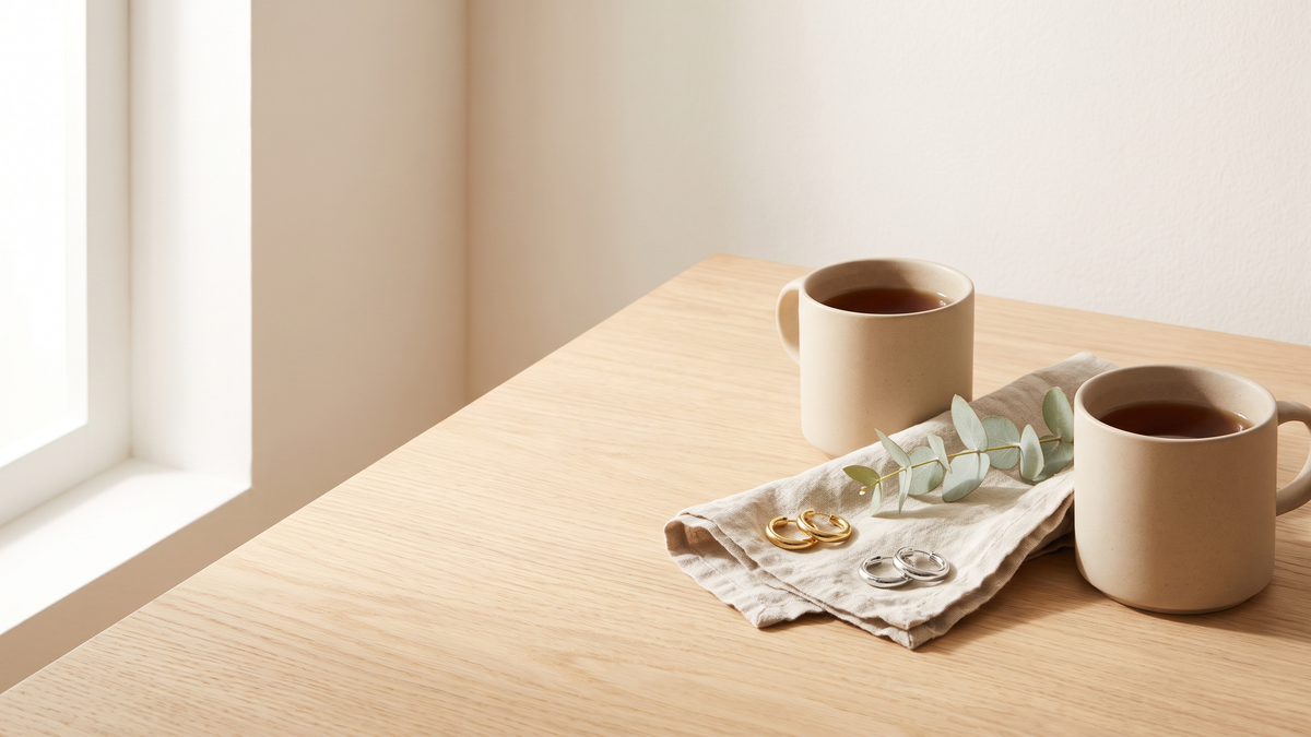 Two pairs of small hoop earrings in gold tone and silver tone beside two mugs of tea
